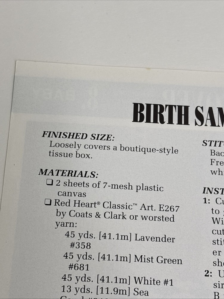 Birth Sampler Tissue Cover Annie's Attic Plastic Canvas Pattern Page