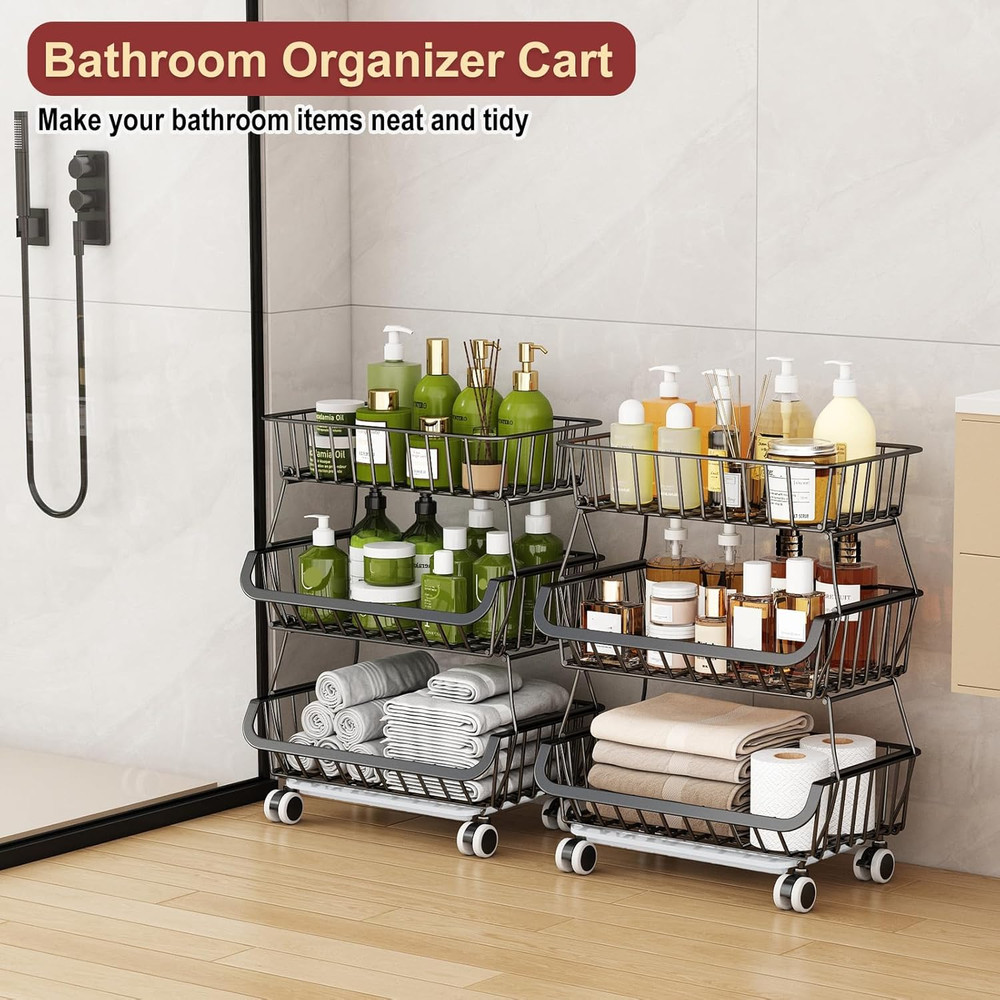 3-Tier Rolling Pantry Cart, Stackable Wire Storage Floor Organize Vegetable Rack