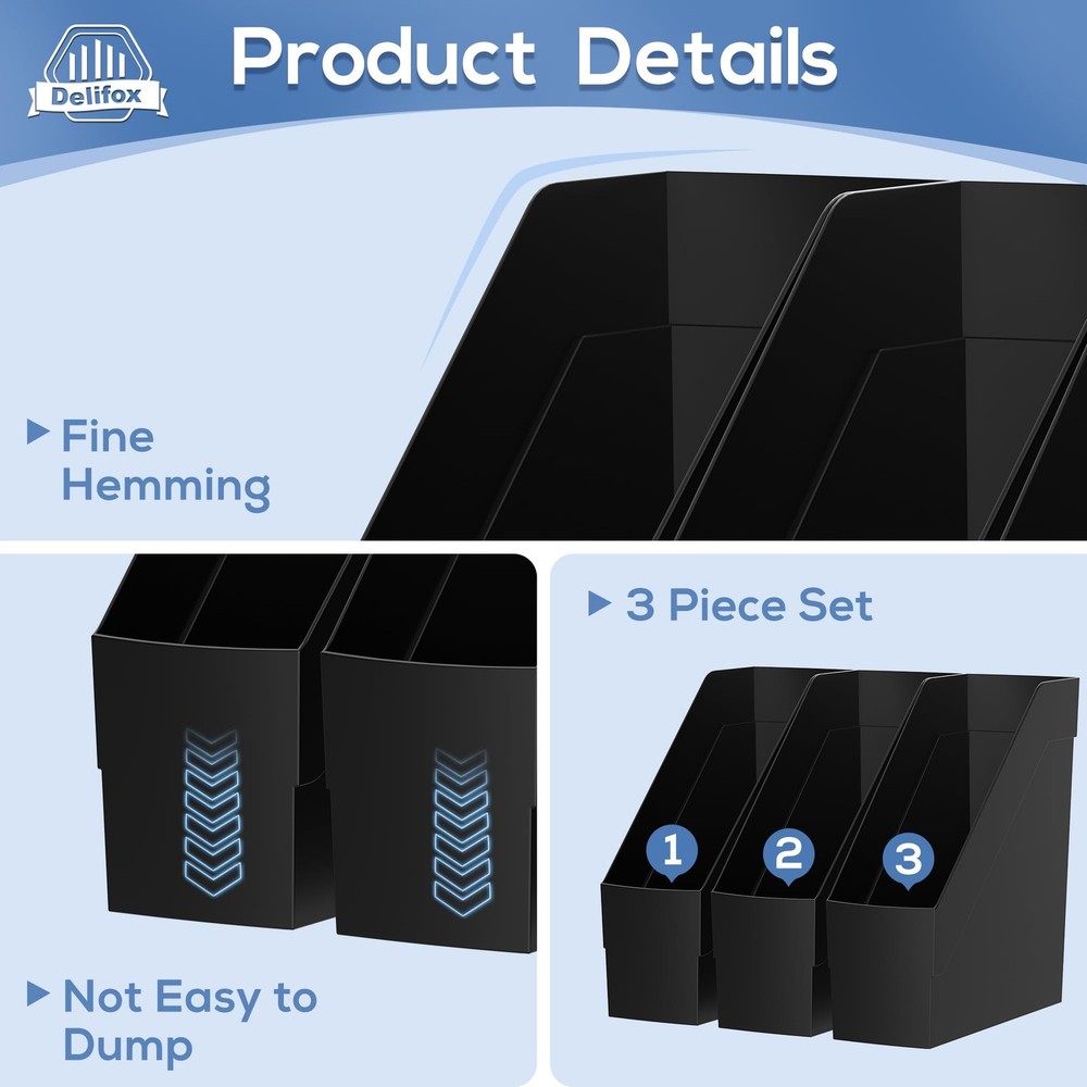 3 Pack Magazine Rack, Plastic File Folder Bin Desk Organizer, Black