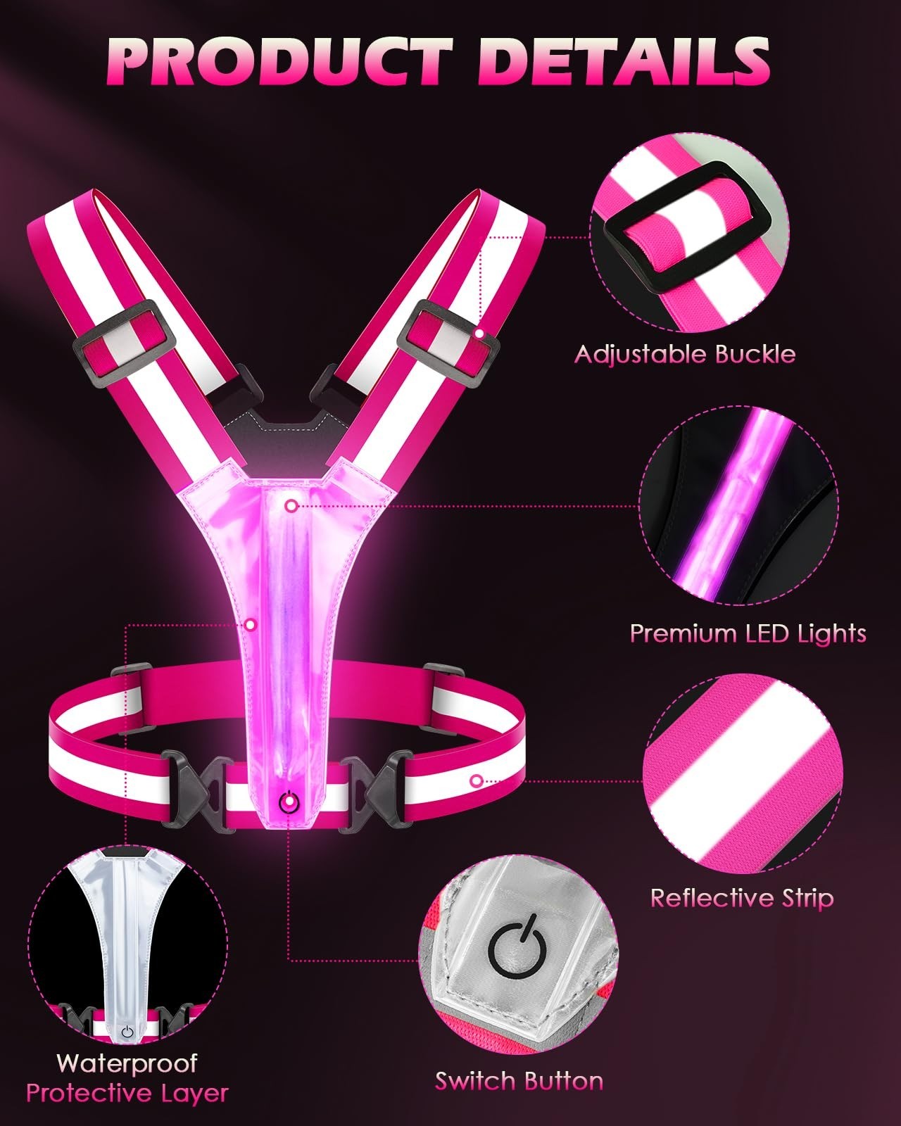 High Visibility Reflective Running Vest 5 Lights Rechargeable Adjustable