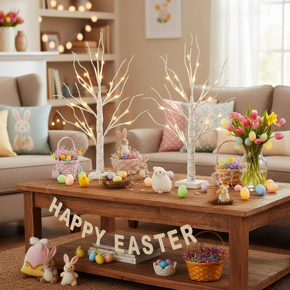 Lighted Birch Tree Easter Decorations for Home, 2Pack 24 LED Battery Operated/US