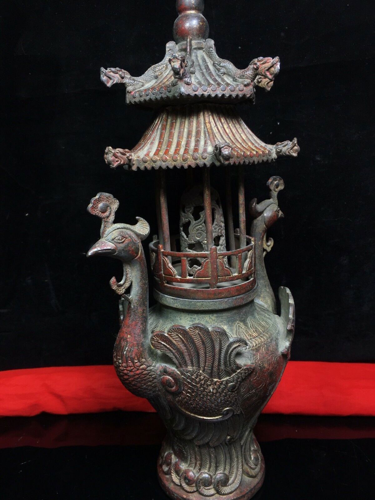 old Chinese Buddhist temple bronze Gilt Crane bird tower Incense Burner censer