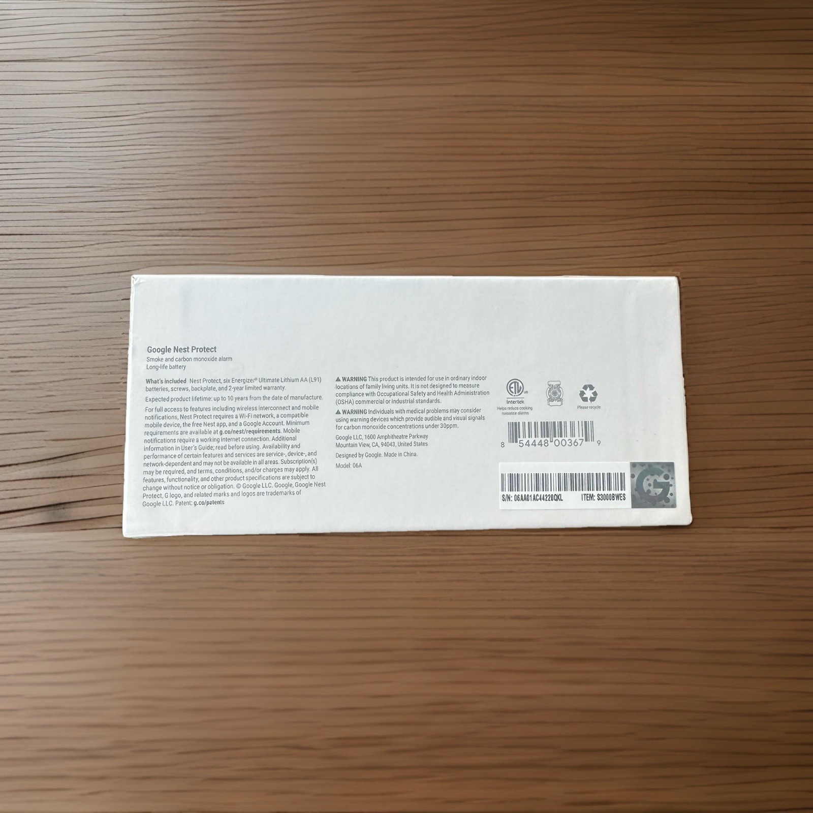 Google Nest Protect Smoke and Carbon Monoxide Alarm 2nd Gen - S3000BWES EXP 2032