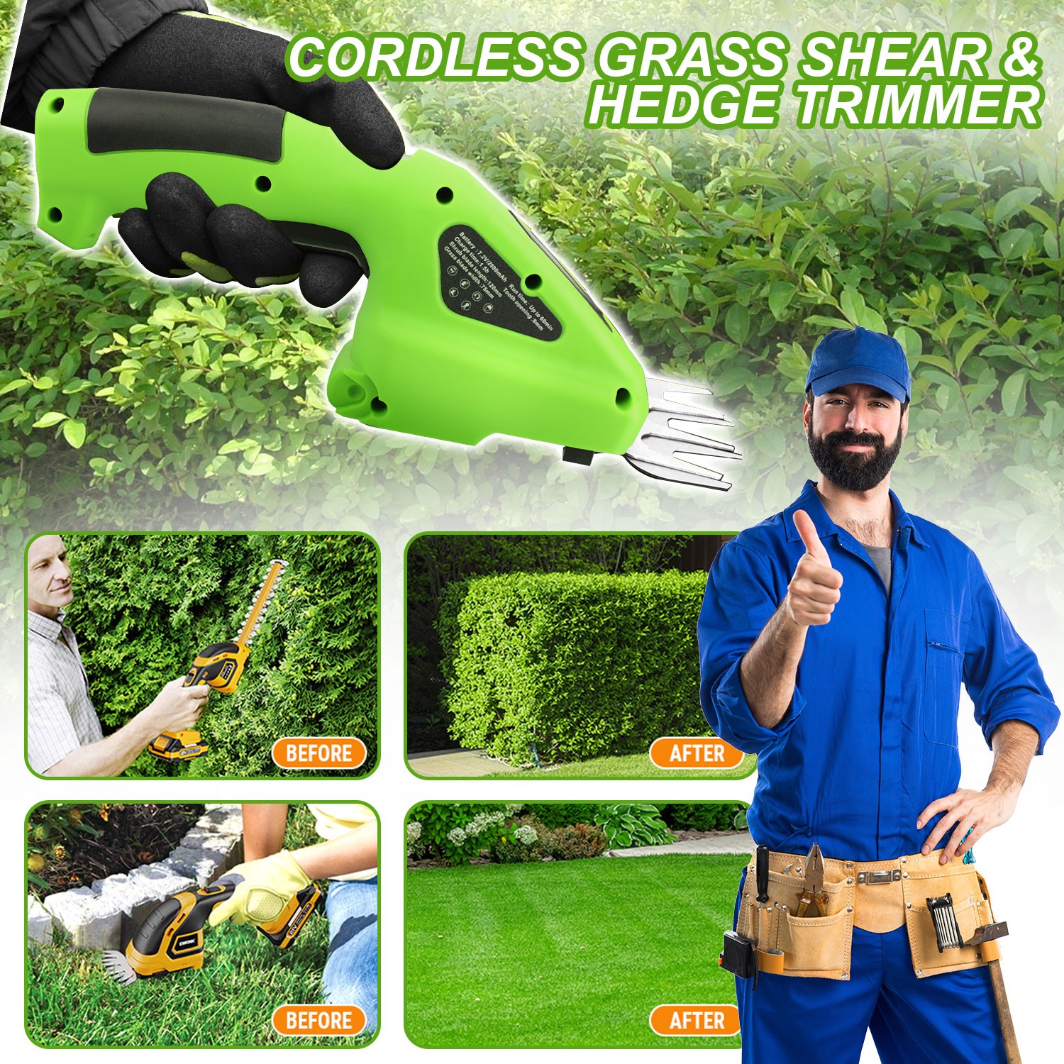 2 in 1 Cordless Grass Shear & Shrubbery Trimmer Handheld Electric Hedge Trimmer