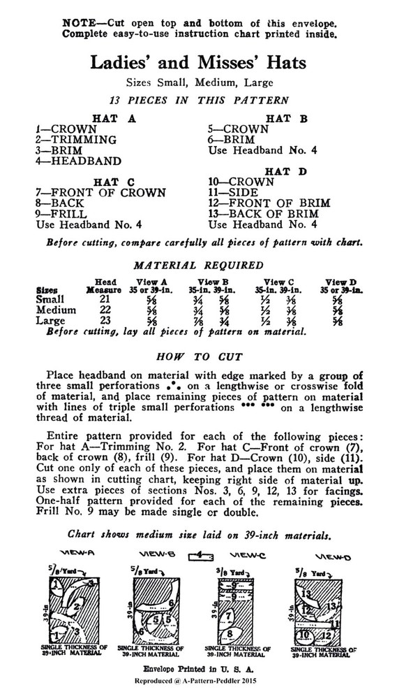 NY Pattern 194 Beret HAT Cap Pattern Un-Printed 1930's