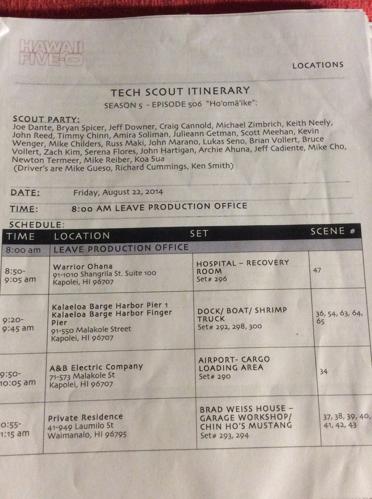 HAWAII FIVE-O ORIGINAL SCRIPT 506 NOTES SCHEDULE + 2014 HO' OMA IKE