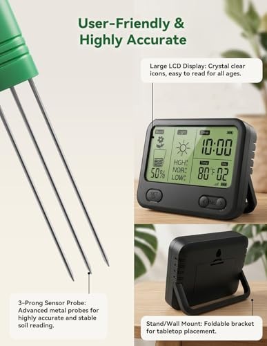Wireless Soil Moisture Meter - 3-in-1 Sensor for Moisture, Temp & Light, 230ft R
