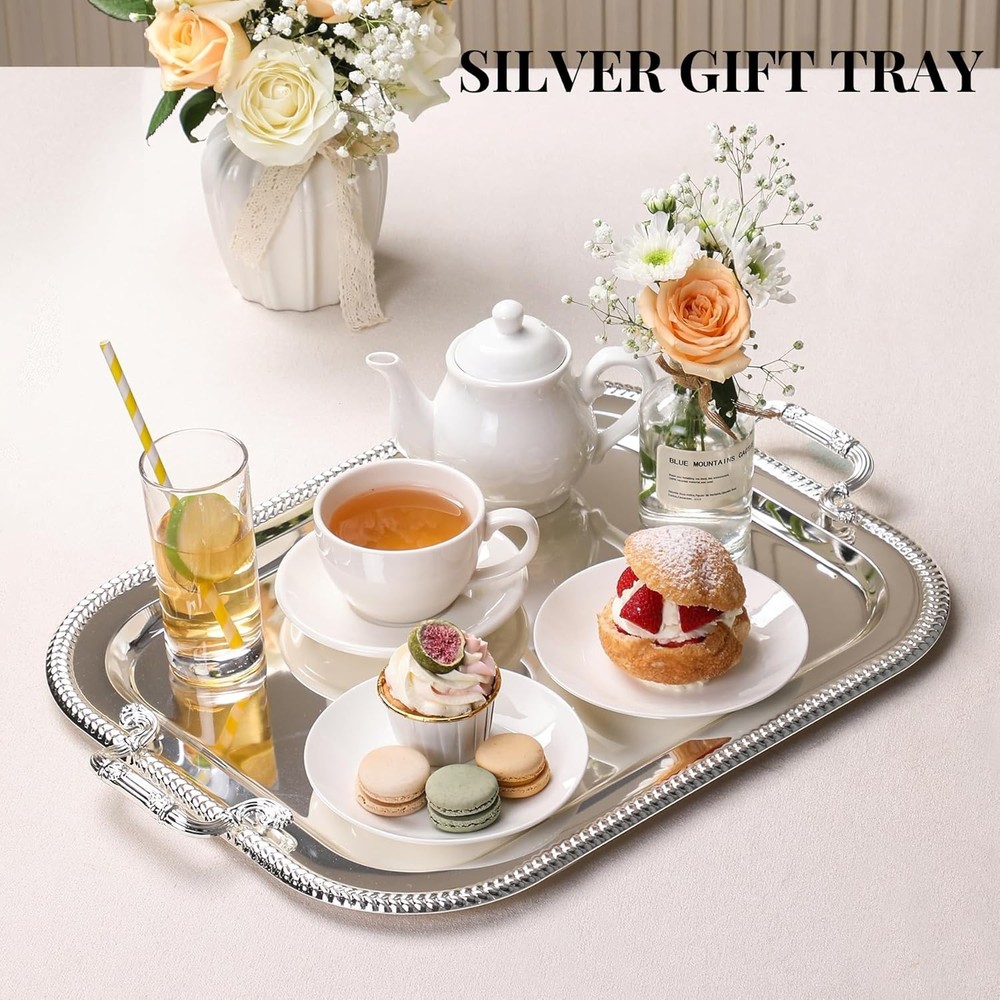 Rectangular Silver Serving Tray with Handles, Beautiful Mirror Polis 18.5”x14.5”