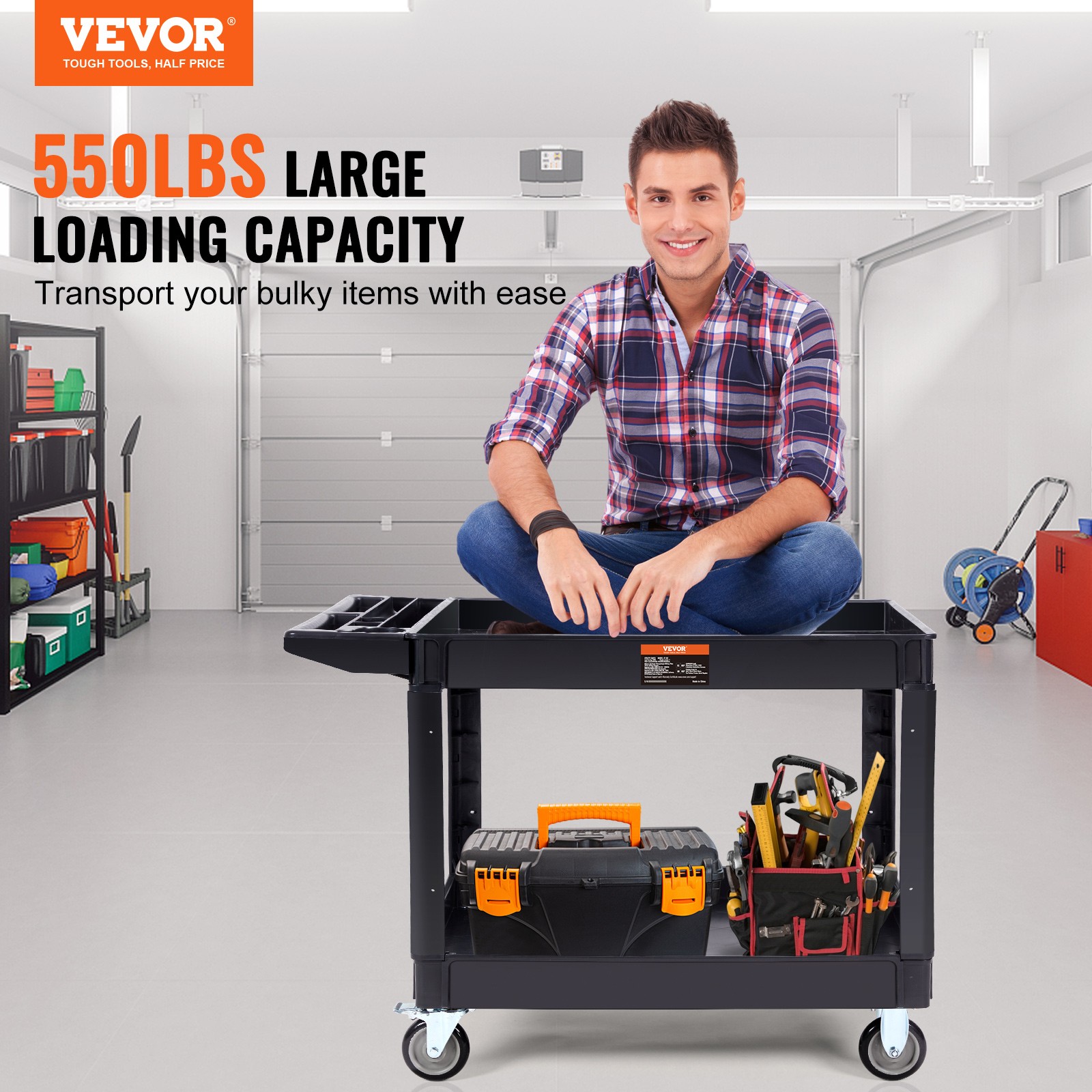 VEVOR Utility Service Cart 2 Shelf 550LBS 360° Swivel Wheels (2 with Brakes)