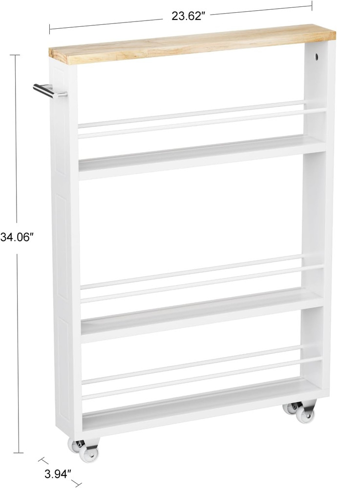 4 Tier White Slim Storage Cart with Handle, Slide Out Storage Rolling Utility Ca