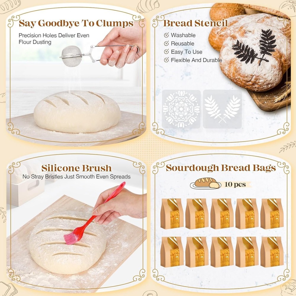 Sourdough Starter Kit with Rattan Proofing Baskets & Professional Tools Set