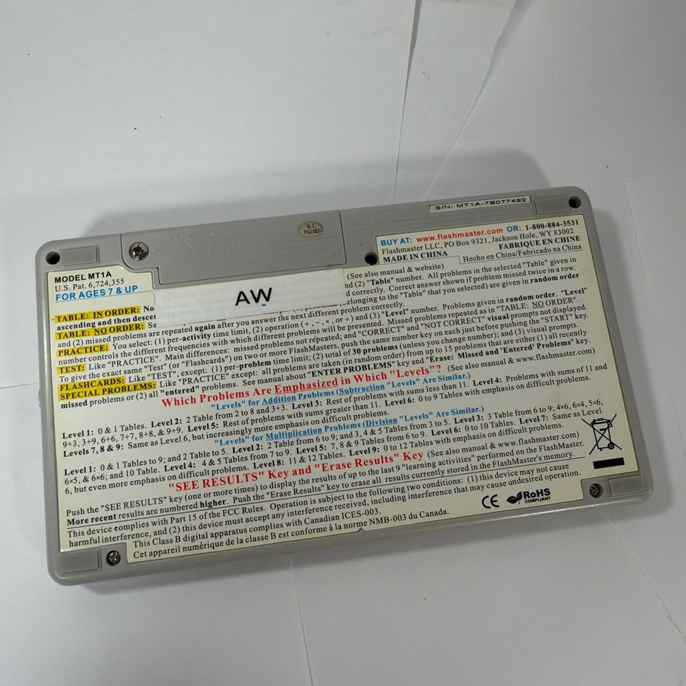 FlashMaster Math Tables Electronic Learning Tool Model MT1A Tested Working