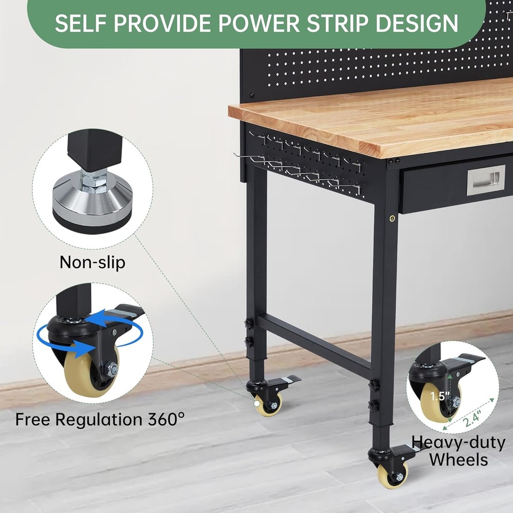 48"Garage Workbench|Pegboard,Drawers,Power Outlet|Tool Bench&Wheels for Workshop