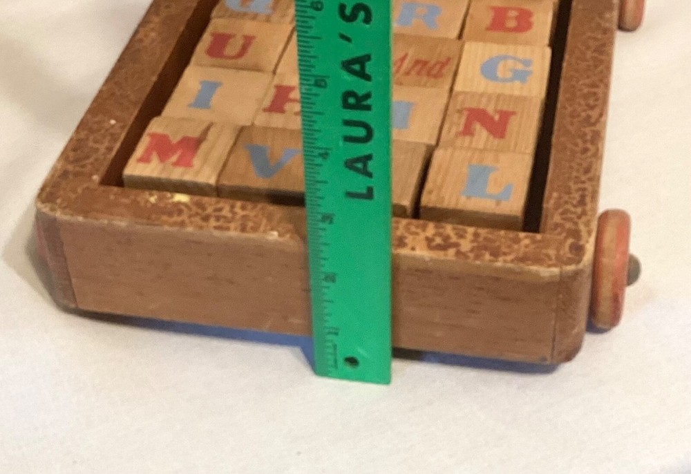 Antique Wood Pull Toy Alphabet Blocks Wagon