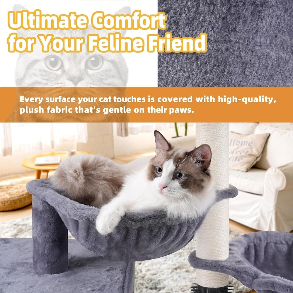 Cat Tree with Cat Condo and Two Hammocks Cat Tower with Scratching Posts Pads