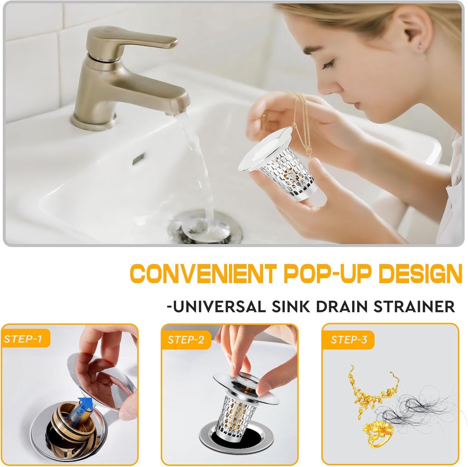 2PCS Bathroom Sink Drain Strainer Pop Up Stopper Hair Catcher Steel
