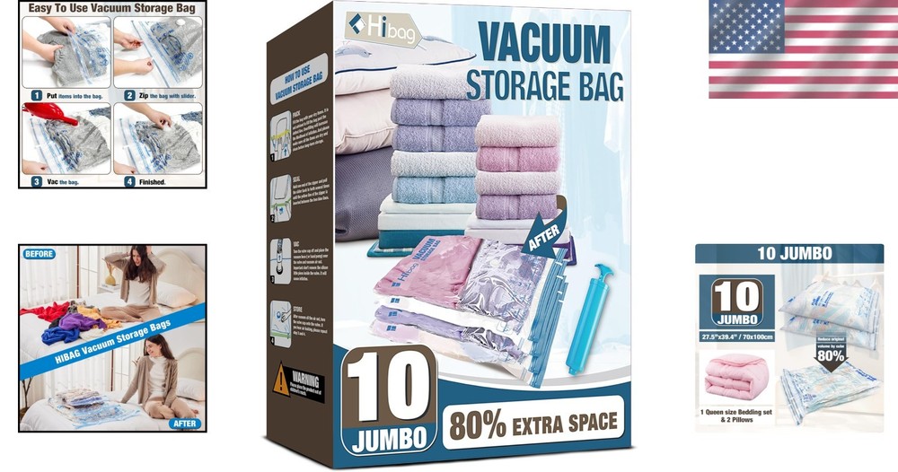 Space Saver Bags for Clothes, Blankets - 10 Pack