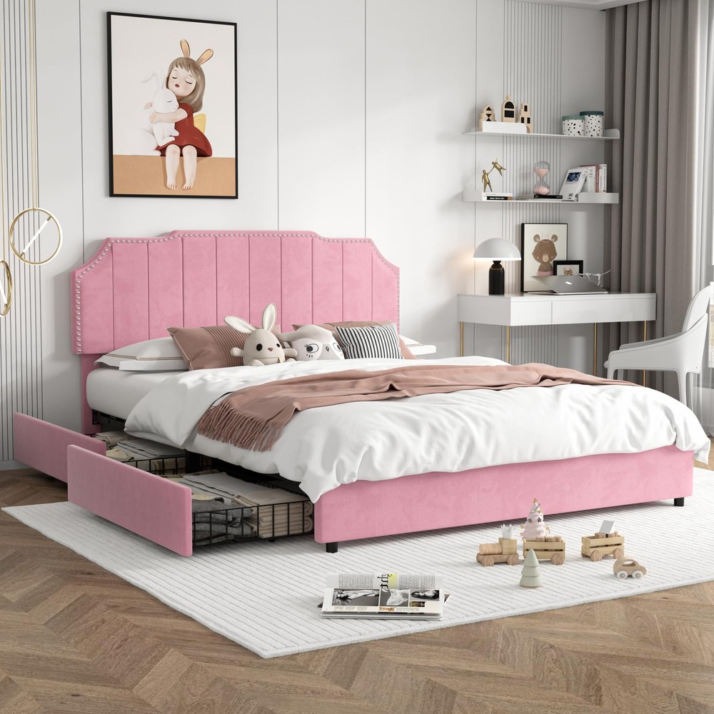 Full Bed Frame Upholstered Platform with 4 Storage Drawers & Tufted Adjustabl...