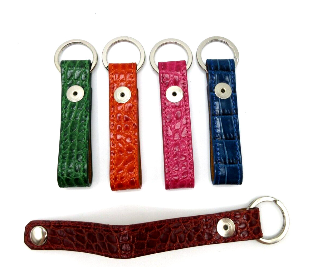 Key Ring on Leather Croc Embossed Strap w Snap Attachment Graphic Image BLUE