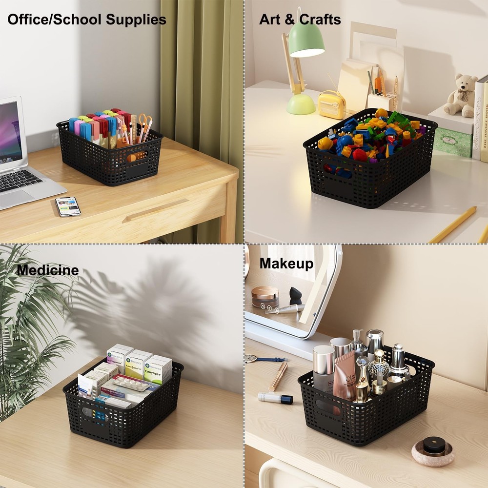 Black Plastic Storage Baskets with Lids 12 Pack Stackable Storage Bins Contai...