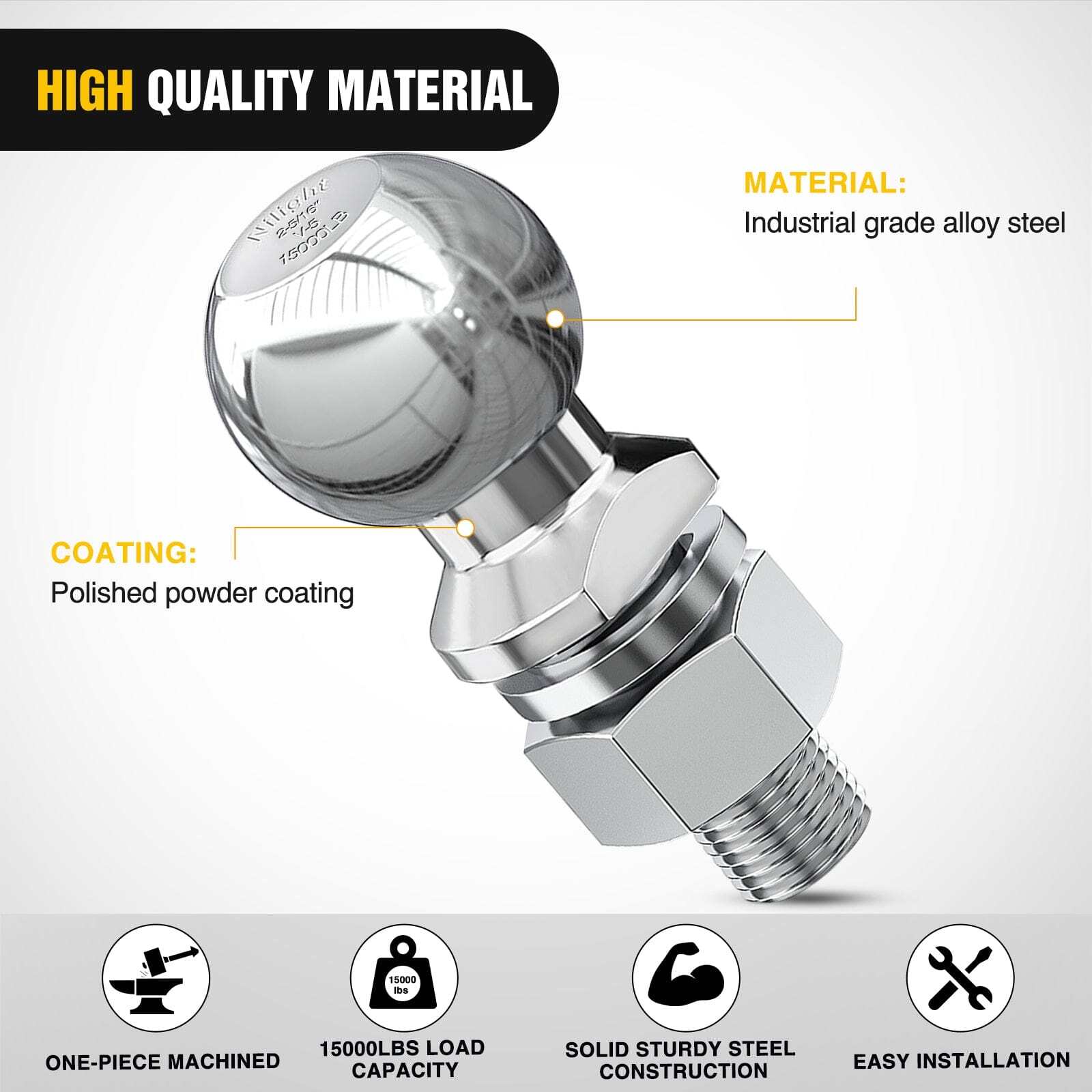 Nilight 2-5/16Inch Chrome Trailer Hitch Ball 1-1/4inch x 2-5/8inch Shank Gray