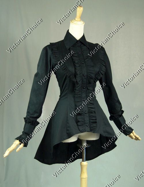 Victorian Gothic Women Romantic Vintage Ruffle Black Blouse Shirt Steampunk B007