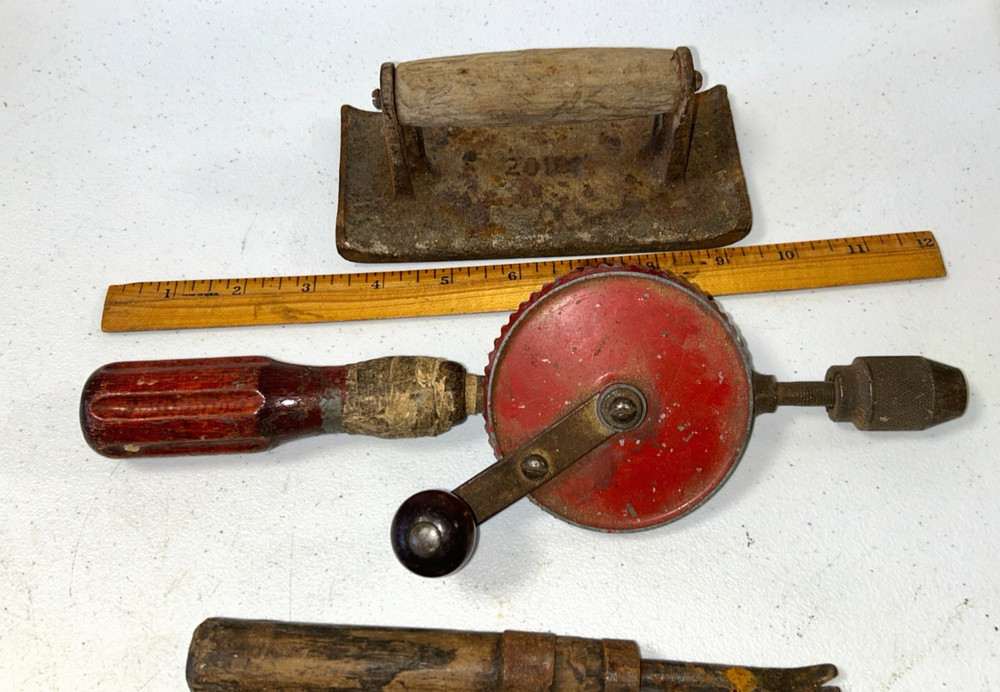 Vintage 5 Wooden Handles Tools: Drill, Screwdriver, Edger, Tack Puller,