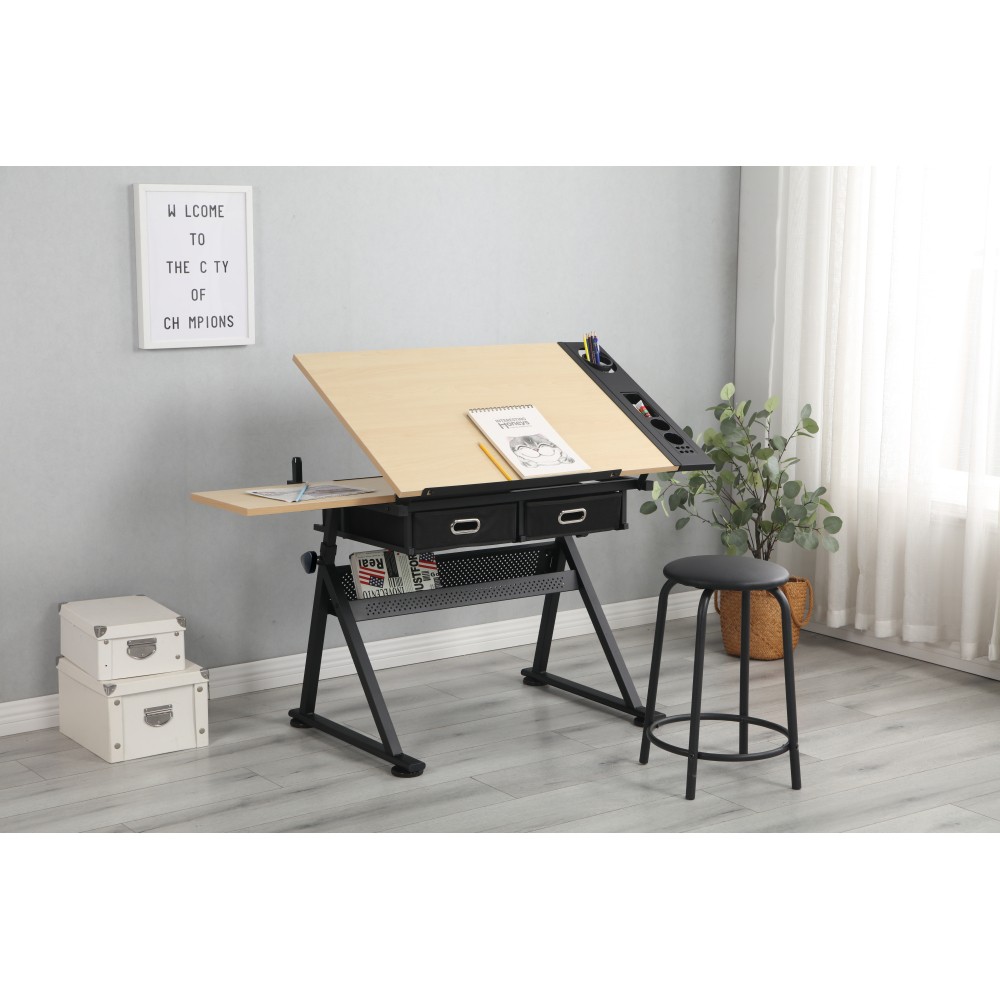 Art Drawing Desk Set - Adjustable Table & Stool - 2 Drawers，Tilting Top