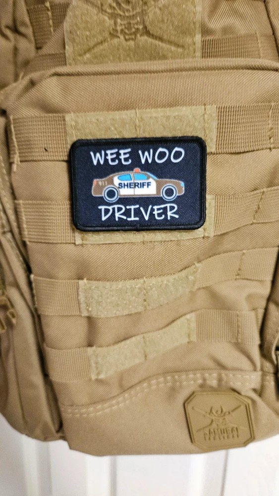 Wee woo driver sheriff brown car funny 2"x3" removable patch hook and loop back