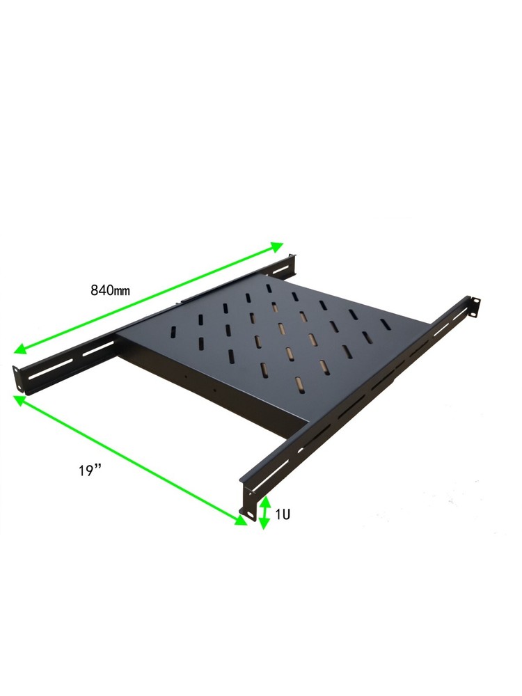 1U 19" 4 Post Fixed Vented Server Shelf, Adjustable Rack Mount 17in - 33in Black