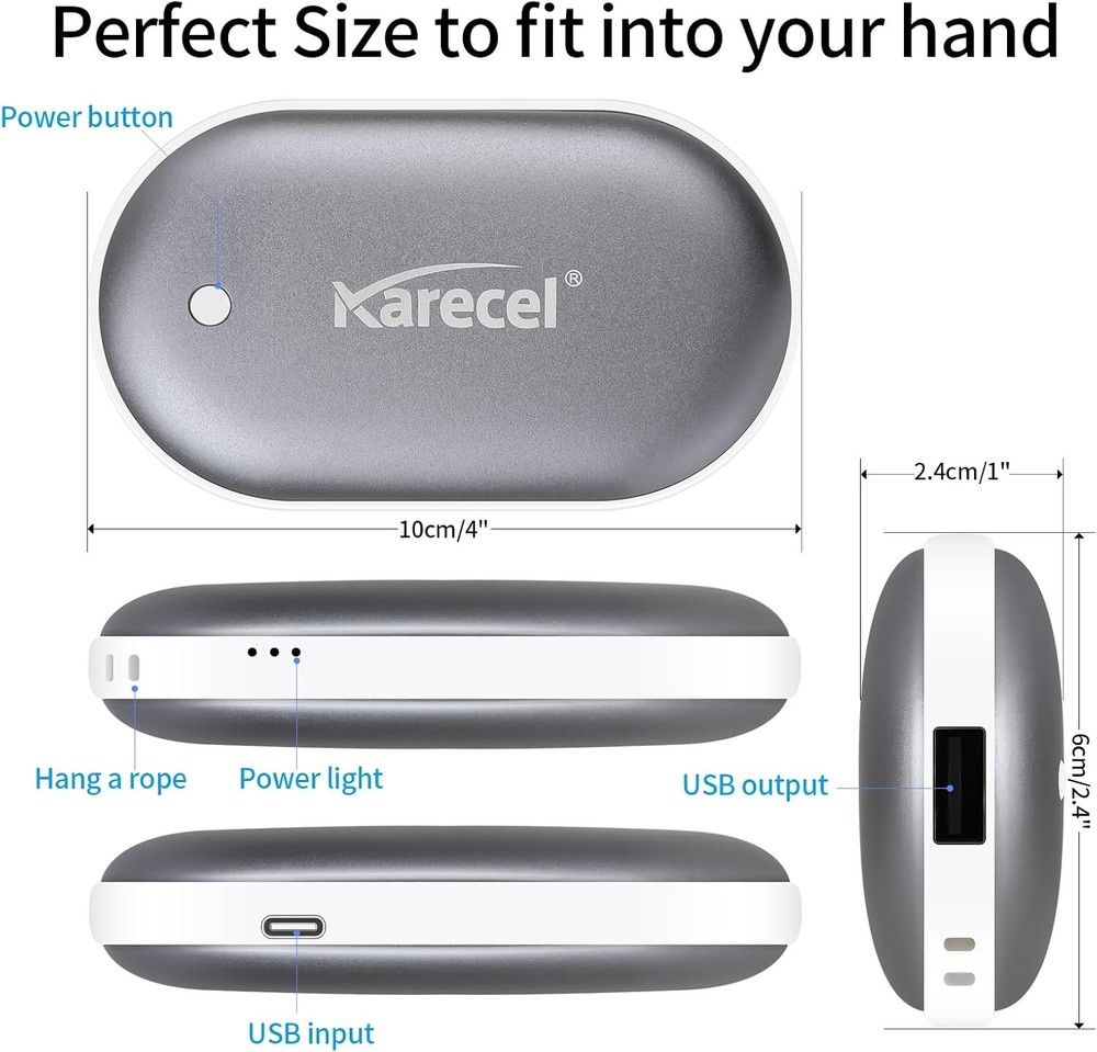 Karecel Rechargeable Hand Warmer, 5200mAh Double-Sided Instant Heating