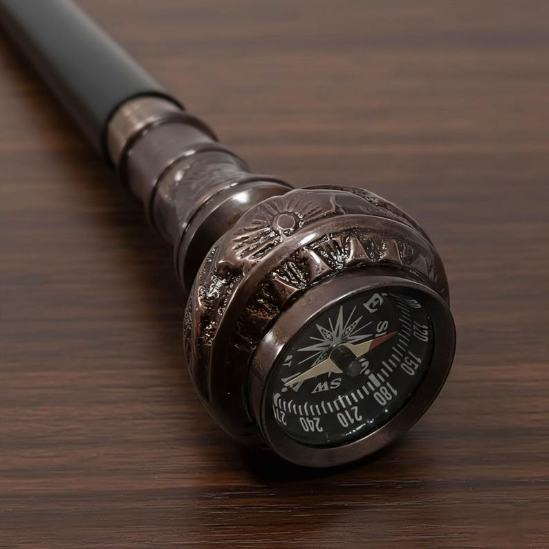 Personalized Handmade Brass Compass Handle Cane Sword: Hardwood Walking Stick,