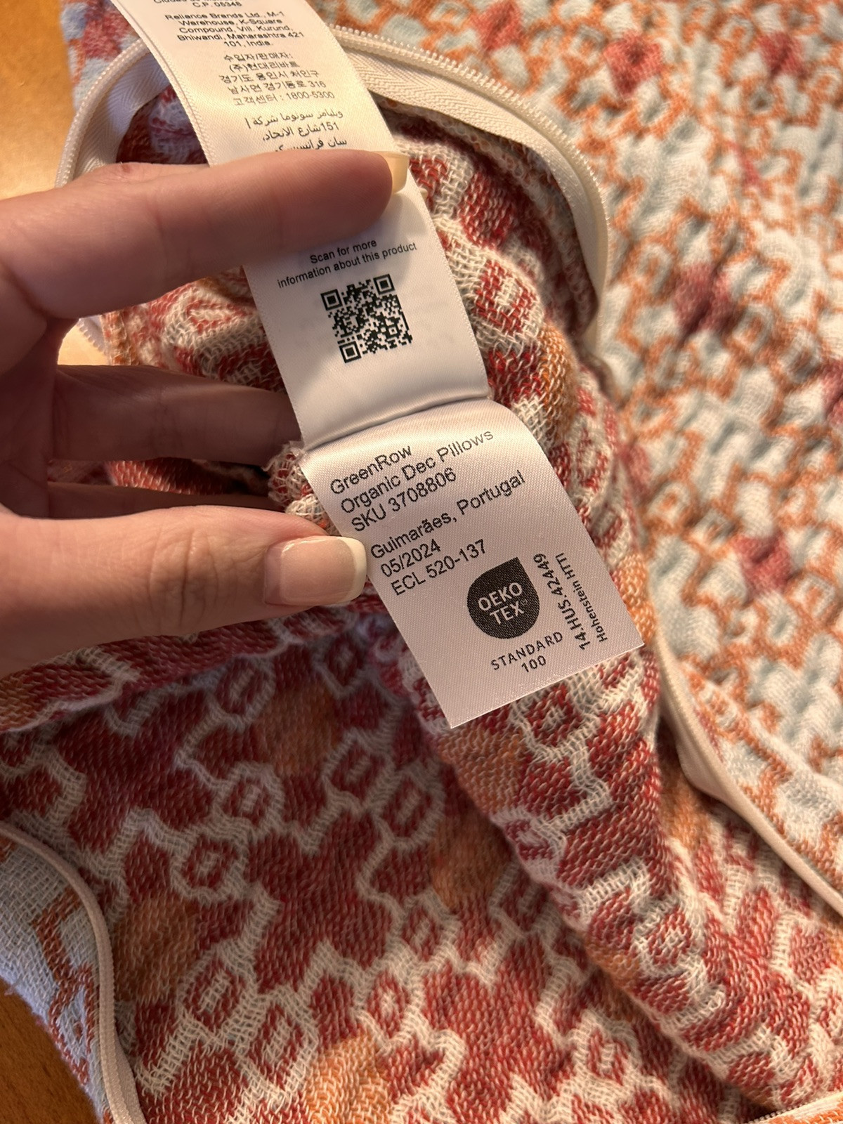 GreenRow Pia Cotton Pillow Cover 20”x20” Blue/Pink NWOT OPEN BOX