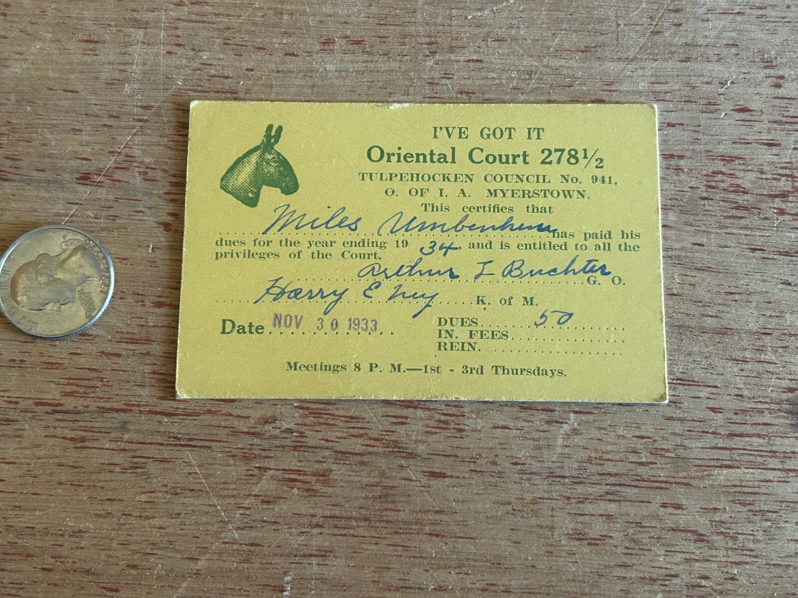 Order Independent Americans Member ID Card 1933 Myerstown Tulpehocken Council