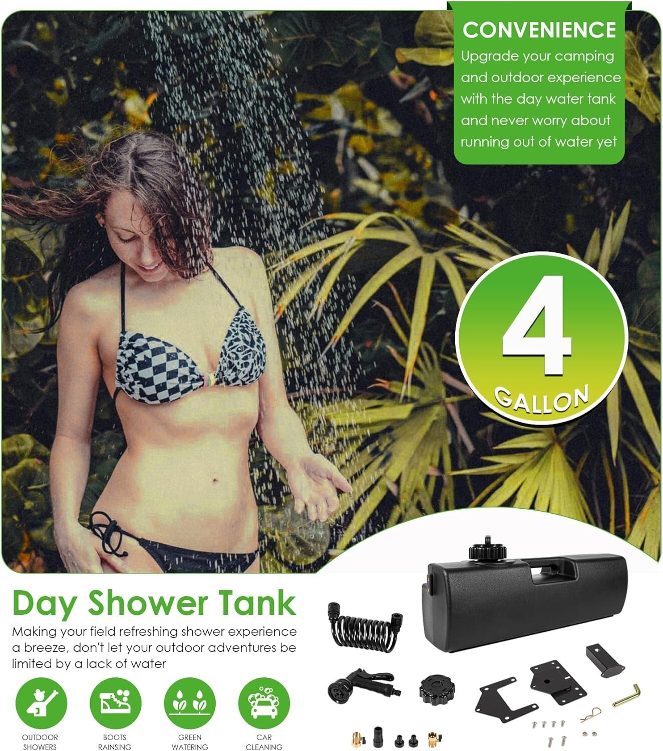 4.0 Gallon Self-Pressurized Water Tank for Camping Showers, Multiple Mounting