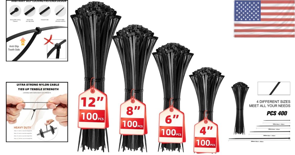 Durable 400-Pack Black Cable Zip Ties - Self-Locking for Every Project Need