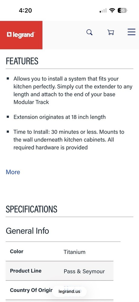 Legrand Modular Track Extender Titanium 18 in APME18TM2 Kitchen Wall