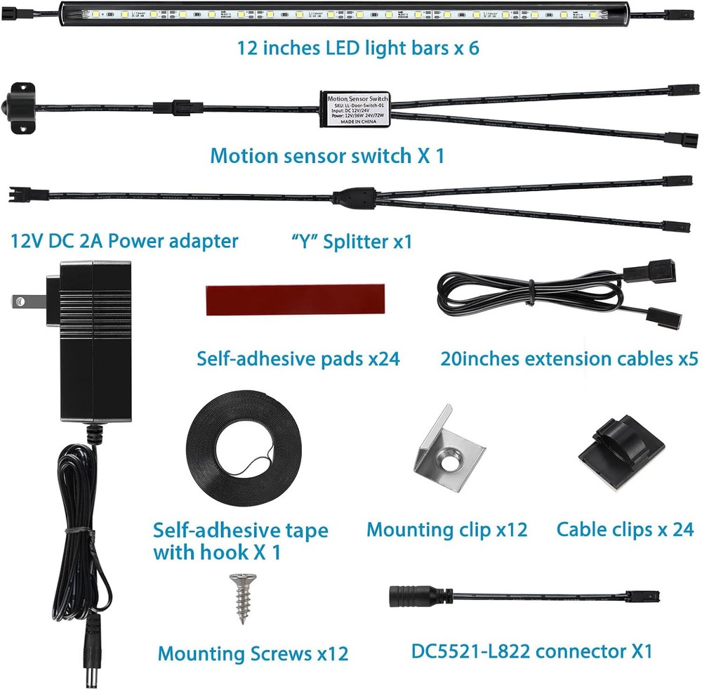 6 Slim LED Light Bars. Linkable Extendable Plug-in for Gun Safe, Locker, Closet