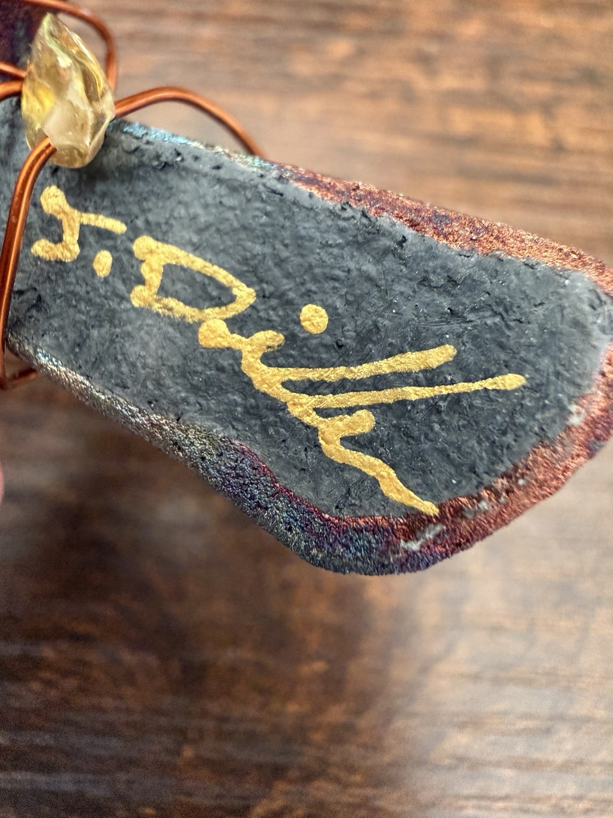 Jeremy Diller Raku Pottery Cross Magnet Art Iridescent w Copper Wire & Stones