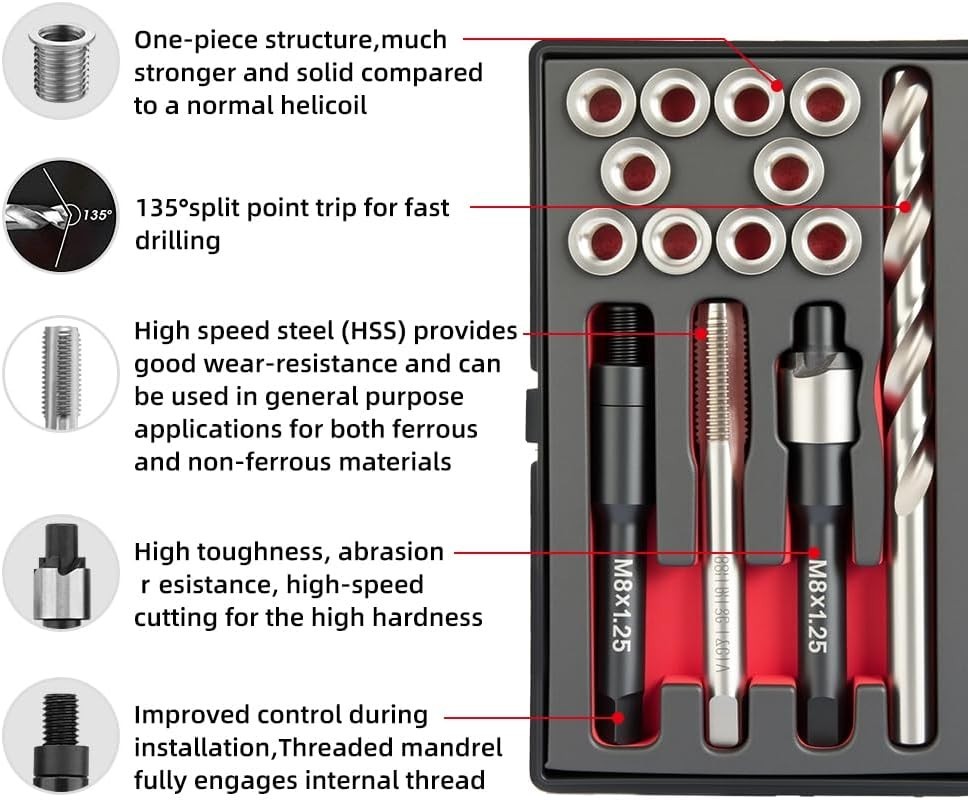 M8x1.25x11.7mmx10pcs Thread Repair Kit with 9.4mm Insert HSS Drill, Tap,