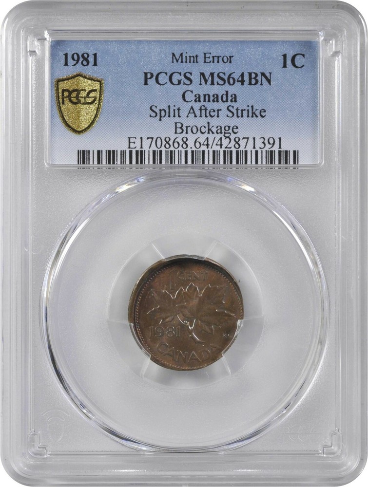 ER210 1981 CANADA. Mint Error -- Brockage, Split After Strike -- Cent, PCGS MS64