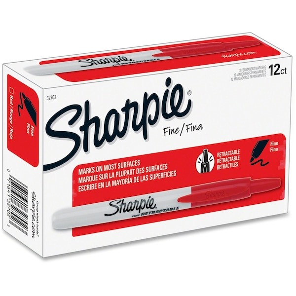 Sharpie 32702 Permanent Marker, Red, Fine Tip, Retractable, 12 Pk