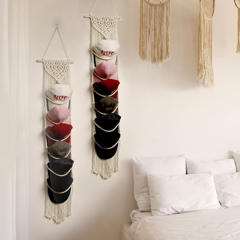 Ball Cap Hanger-1 Pack-Boho Macrame Cap Holder Wall Hat Organizer for Basebal...