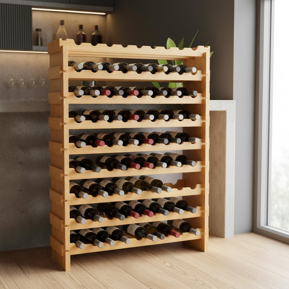 72 Bottle Wine Rack Stackable Bamboo Freestanding, 8-Tier Modular Shelf, Sturdy