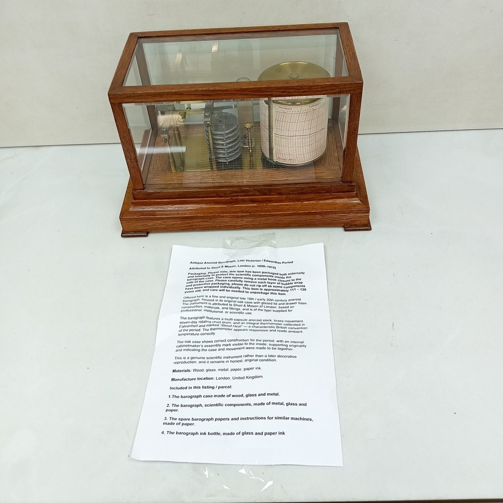 Antique Aneroid Barograph c.1900 Attributed Short, Mason Oak Case