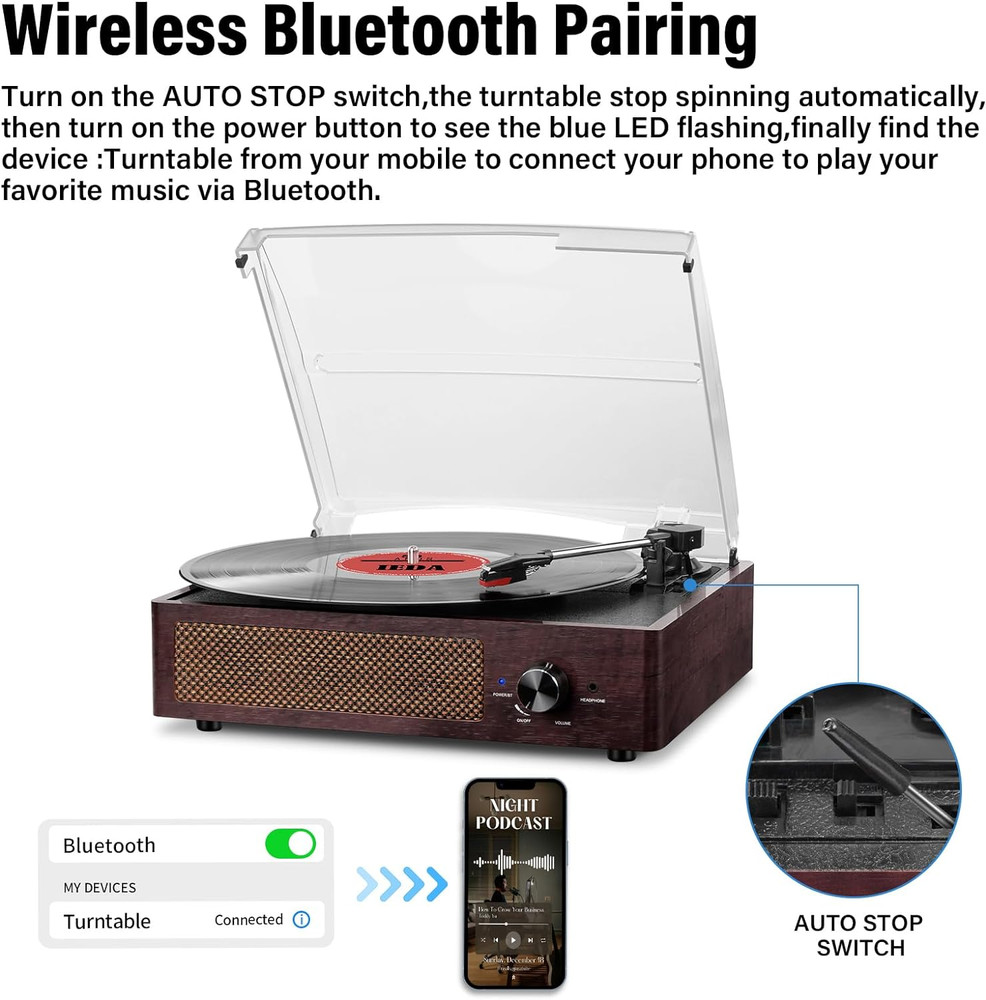 Vinyl Record Player Turntable with Built-in Bluetooth Receiver & 2 Stereo Speake