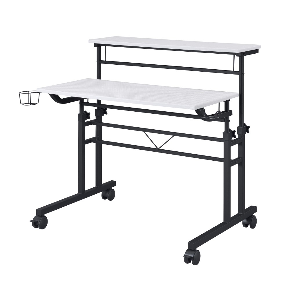 Adjustable Rolling Computer Desk - Mobile Workstation w/ Storage Shelf,White