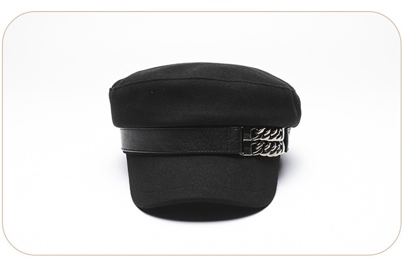 Black Women's Beret Hat w/ Chain Decorated Peaked Cap Newspaper Hat Vintage