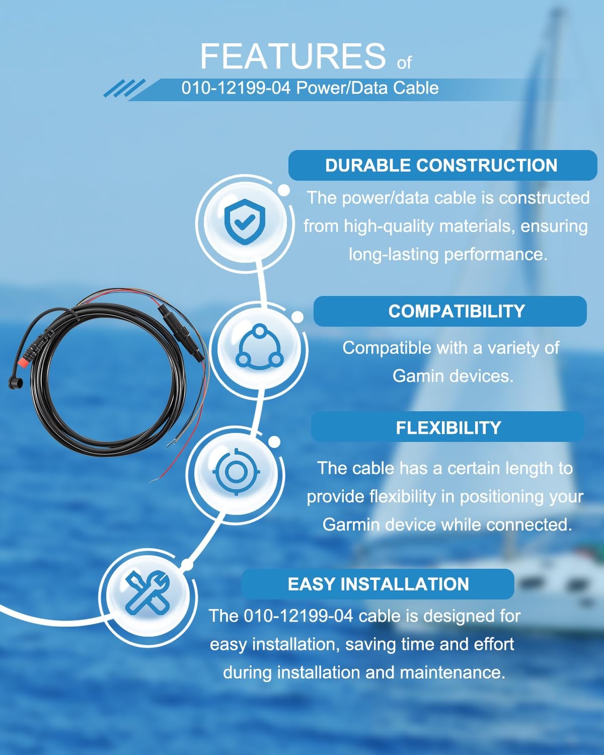 For GARMIN STRIKER 4 4cv 4dv 5cv 5dv 7cv 7dv Power/Data Cable 4-Pin 010-12199-04