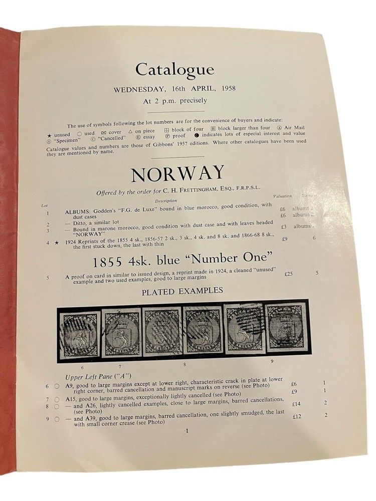1958 Robson Lowe Norway Specialised Stamp Sale Catalogue + Prices Realized